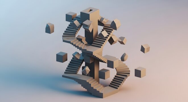 Abstract Impossible Geometric Structure of Interconnected Stairs and Floating Cubes