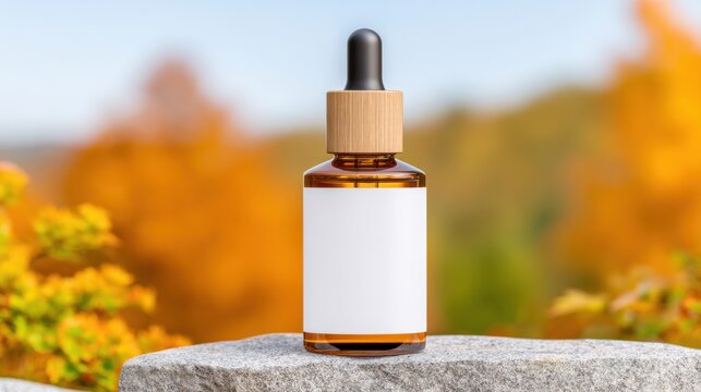 Cosmetic product mockup, amber glass dropper bottle with a blank white rectangular label, standing on a grey stone, natural lighting, blurred nature background