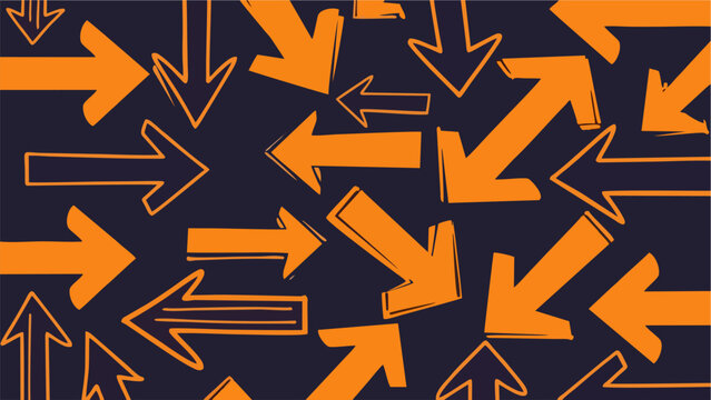 Abstract Background of Orange Hand Drawn Arrows Pointing in Different Directions