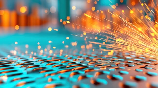 Heavy industry background, empty diamond plate metal podium, sparks flying in blurred background, factory setting, orange and teal cinematic lighting
