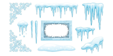 Set of realistic frozen icicles and snow borders for winter holiday decoration vector illustration isolated on white © GraphixEra