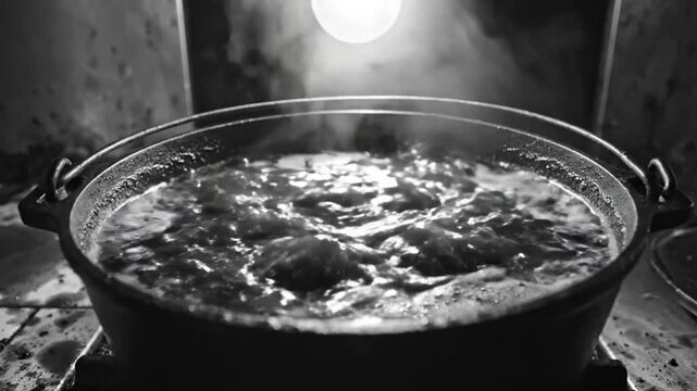 Black and white close up of a pot of boiling food on a gas stove with steam rising upwards