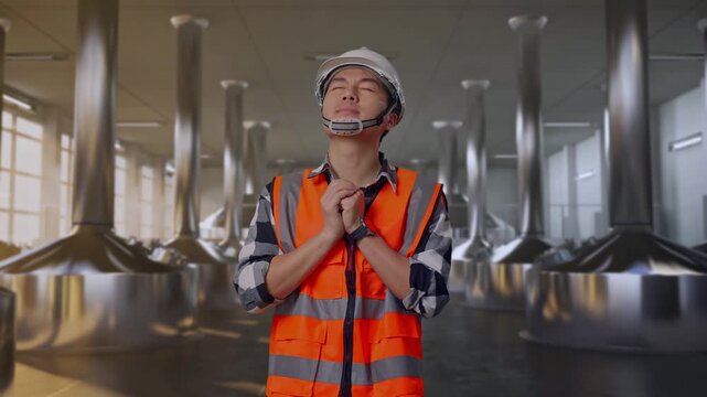 Asian Male Engineer With Safety Helmet Pray For Something While Standing at Stainless Steel Brewing Vats in Beer Manufacturing Plant