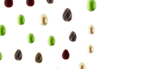 Festive Easter background with green, gold and chocolate eggs on white. Perfect for holidays, greetings, invitations, an © vegefox.com