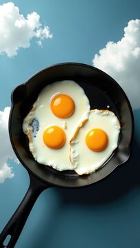 Two eggs cooked in a frying pan, ready to be served