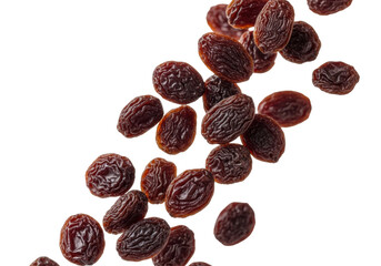 Obraz premium Dozens of plump, wrinkled mahogany raisins suspended in dynamic motion against a transparent background. Concept of healthy food advertising
