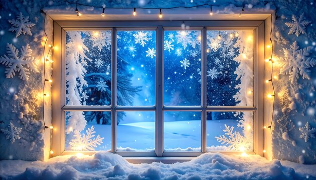 Window frames snowy winter scene. Lights border the pane. Flakes adhere to the frame. Cold, holiday mood