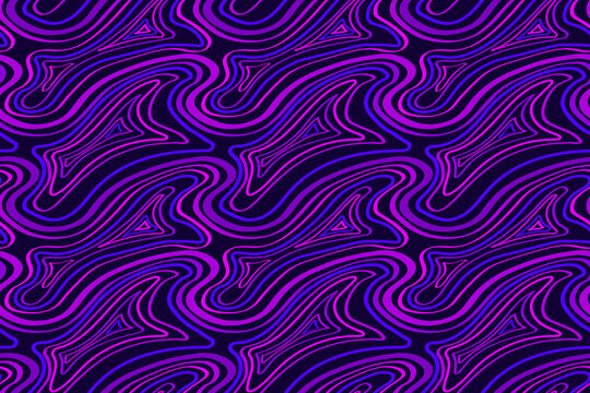 High contrast seamless pattern featuring fluid, organic wavy lines in neon purple and violet on a dark obsidian background. Abstract cyber organic texture for digital media and modern textiles.