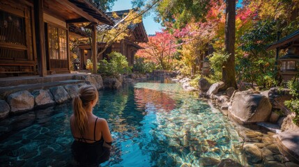 Geothermal hot springs resort, spa, bath pool, relaxation vacation theme. A woman in a black dress wading in a tranquil Japanesestyle pool surrounded by wooden houses, lush greenery.