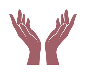 Obraz premium Minimalist cupped hands vector illustration, open palms reaching up in prayer or support, mauve silhouette of human hands for charity and wellness