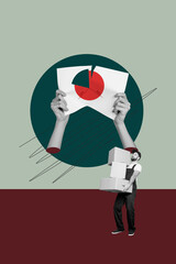 Obraz premium Trendy poster art collage of happy businessman businesswoman stand hands tear paper diagram icon percentage success opportunity