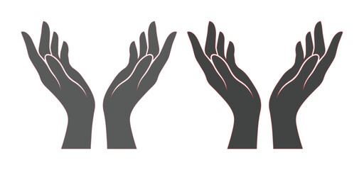 Fototapeta premium Cupped hands silhouette vector set, open palms reaching up in prayer or support, dark grey human hand gestures for charity and care concepts