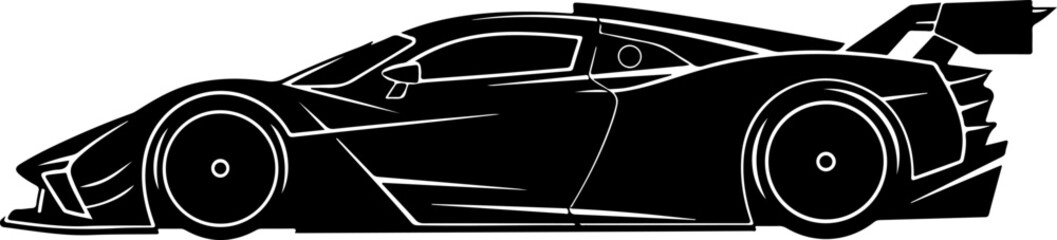 Black sports car, racing car, vector silhouette, side view, luxury vehicle © BA