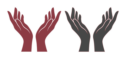 Fototapeta premium Cupped hands silhouette vector set, open palms reaching up in prayer or support, burgundy and charcoal gray hand icons for charity and hope