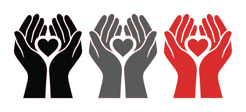 Minimalist heart in hands vector icons, charity and donation symbols in black grey and red, set of 3 cupped hands holding heart shapes for healthcare