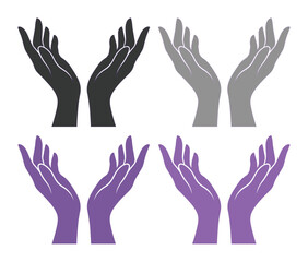 Obraz premium Cupped hands silhouette vector set, open palms reaching up in prayer or support, black and purple human hand icons for charity and care concepts