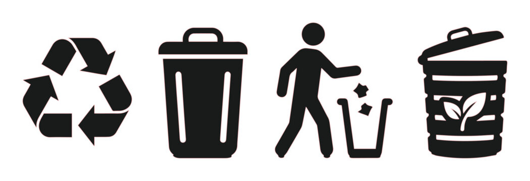 Minimalist waste management icon set, black recycle symbol and trash bin silhouettes, eco-friendly garbage disposal vector graphics for signage