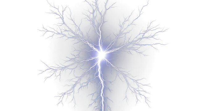 Electric lightning bolt with glowing plasma discharge, powerful blue energy flash, atmospheric static electricity spark for science and technology isolated PNG with Transparent Background