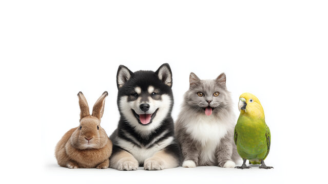 Group of diverse pets including a puppy, kitten, rabbit, and parrot sitting together on a white background, perfect for pet shop banners