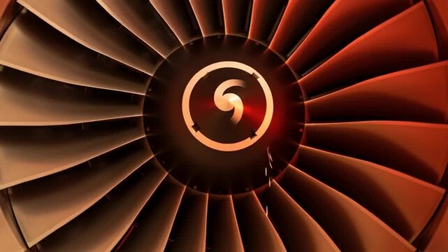 Close-up of a spinning jet engine turbine with glowing orange blades and sparks.