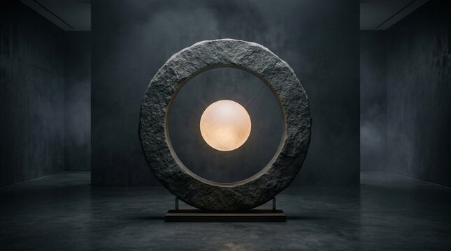 A mystical stone structure with a glowing orb at its center, with an industrial looking background. The composition creates a sense of wonder and intrigue