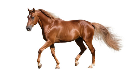 Obraz premium Chestnut equine gracefully stepping, displaying muscular form and flowing mane