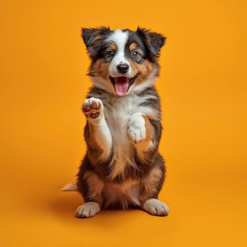A playful dog sits on its hind legs with one paw raised on an orange background.