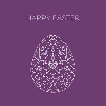 Easter greeting card with an openwork egg on a purple background