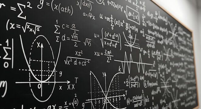 Comprehensive mathematical formulas, advanced equations, and complex graphs covering a school blackboard