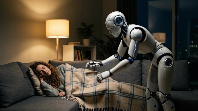 Humanoid robot covering sleeping woman with blanket on sofa. Advanced domestic machine acts as caregiver in living room