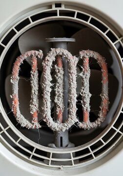 Close up of a dryer heating element with lint buildup.
