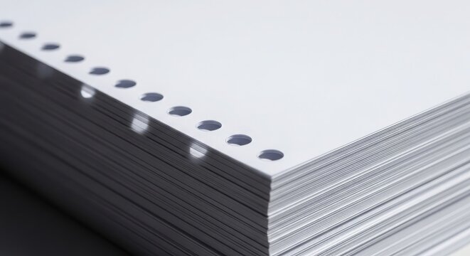 Stack of continuous stationery computer paper with sprocket holes for dot matrix printers