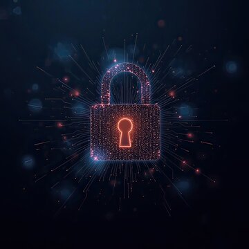 A glowing digital padlock secures a futuristic circuit background in a dark room.