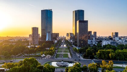 Fototapeta premium A majestic cityscape basks in the golden light of sunset, showcasing tall buildings and grand boulevards