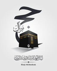 Premium Hajj Mubarak vertical poster with a large Arabic calligraphy backdrop, 3D Kaaba, and Talbiyah prayer on a white background. © Sarhanine
