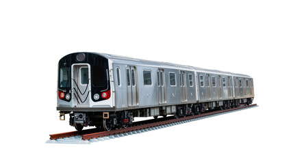 Long silver subway train resting on rusty tracks, showing multiple windows and detailed front © Ryan