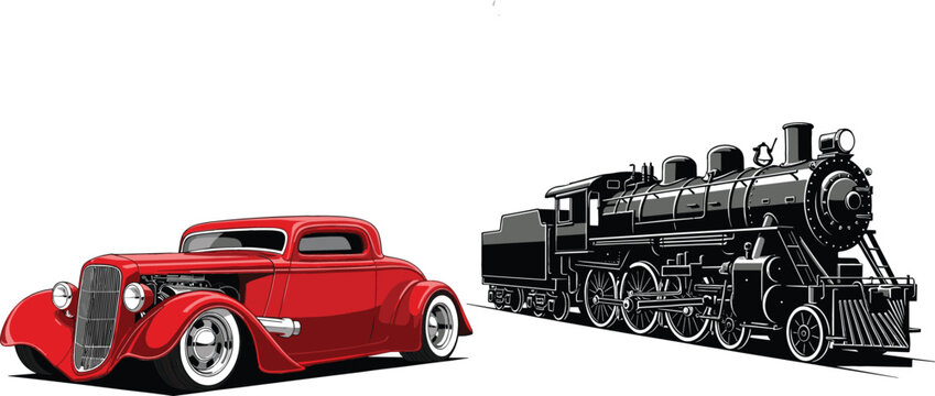 Vintage red classic car and steam locomotive train detailed retro transportation vector illustration set