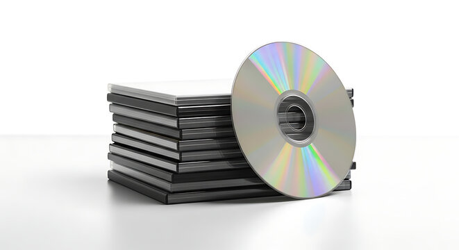 Stack of CDs or DVDs with a single disc on top displaying a rainbow spectrum of light