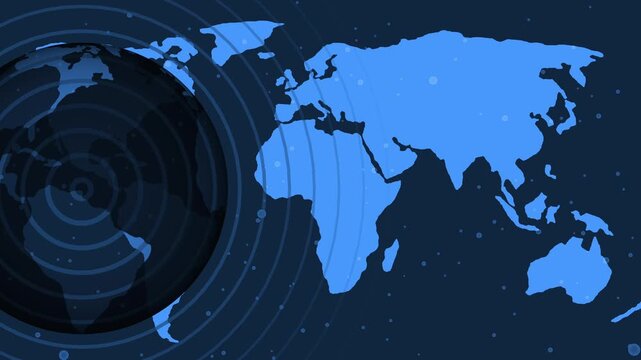 Stylized purple world map with circular patterns background animation