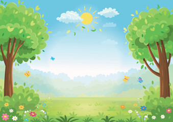 Cute cartoon summer meadow background with green trees, flowers and butterflies under a bright sunny sky 