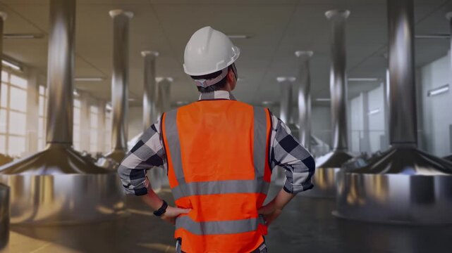 Back View Of A Male Engineer Wearing Safety Helmet Looking Around While Standing With Arms Akimbo at Stainless Steel Brewing Vats in Beer Manufacturing Plant