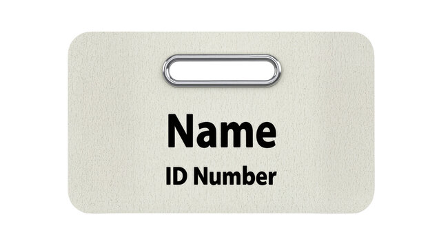 Rectangular metal name badge, displaying Name and ID Number text