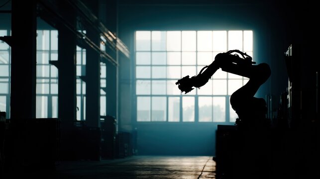 Robotic arm performing pickandplace operation in dim warehouse at dusk, large open bay with high windows, silhouette emphasizes motion and reach, production logistics and material handling focus