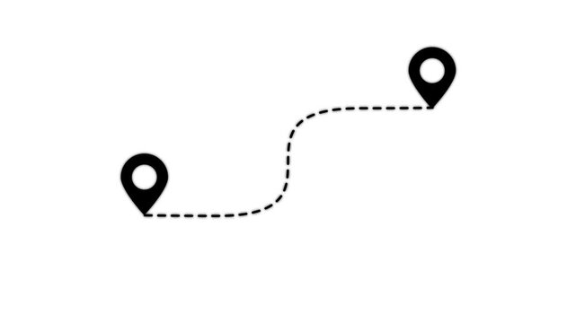 Two black location pins connected by a dashed line on white