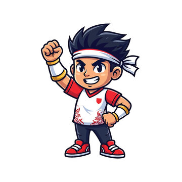 Cheerful cartoon martial artist boy in sports outfit with headband