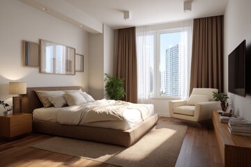 Fototapeta premium Modern bright bedroom with a large bed, armchair, TV, and sunlit window view