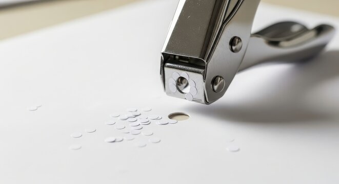 Closeup of a hole puncher tool creating a hole in a white sheet of paper with paper confetti scattered around