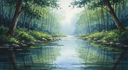 Fototapeta premium Peaceful River Through Verdant Pixel Art Forest Reflection