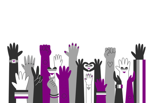 Diverse asexual hands, awareness and visibility banner. Straight and queer hands with ace flag colors and symbols. Asexual pride and human rights concept.
