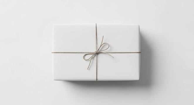 Top view of a white gift box wrapped with twine isolated on white background